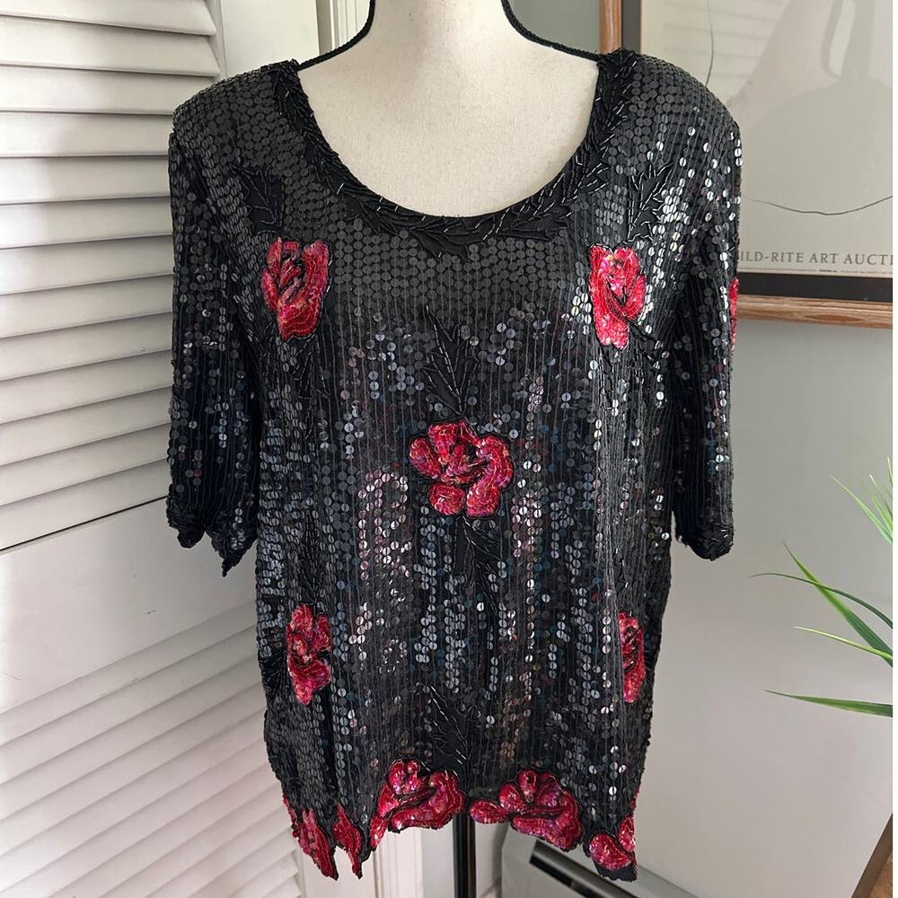 Black Sequin Blouse with Red Floral Accents